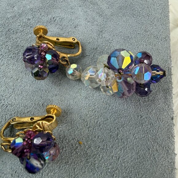 Vintage Vendome Purple & Clear Glass Bead Dangle & Drop Screw/Clip Earrings Gold - Picture 16 of 16